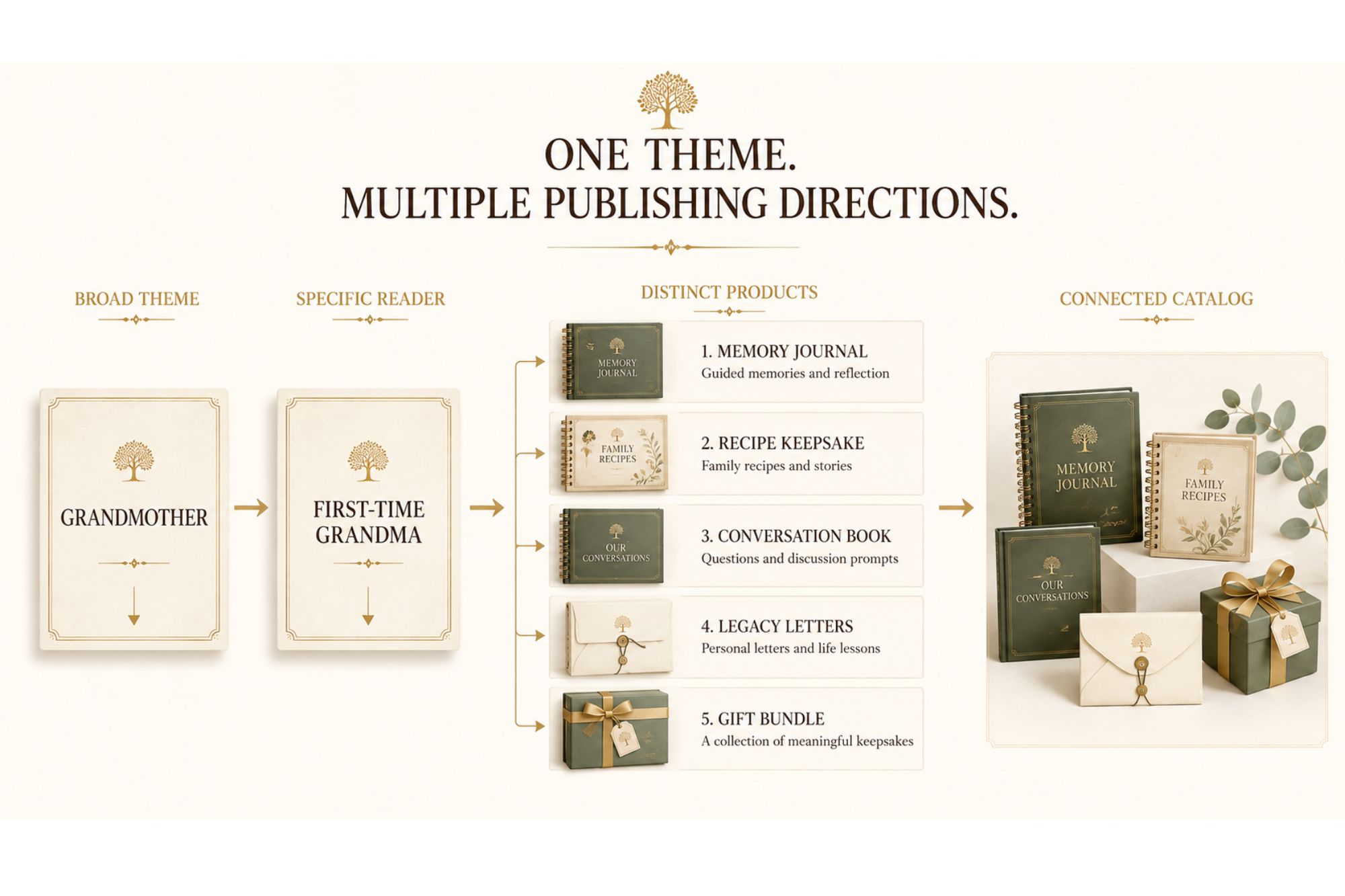 One theme expanding into multiple distinct publishing directions and a connected catalog