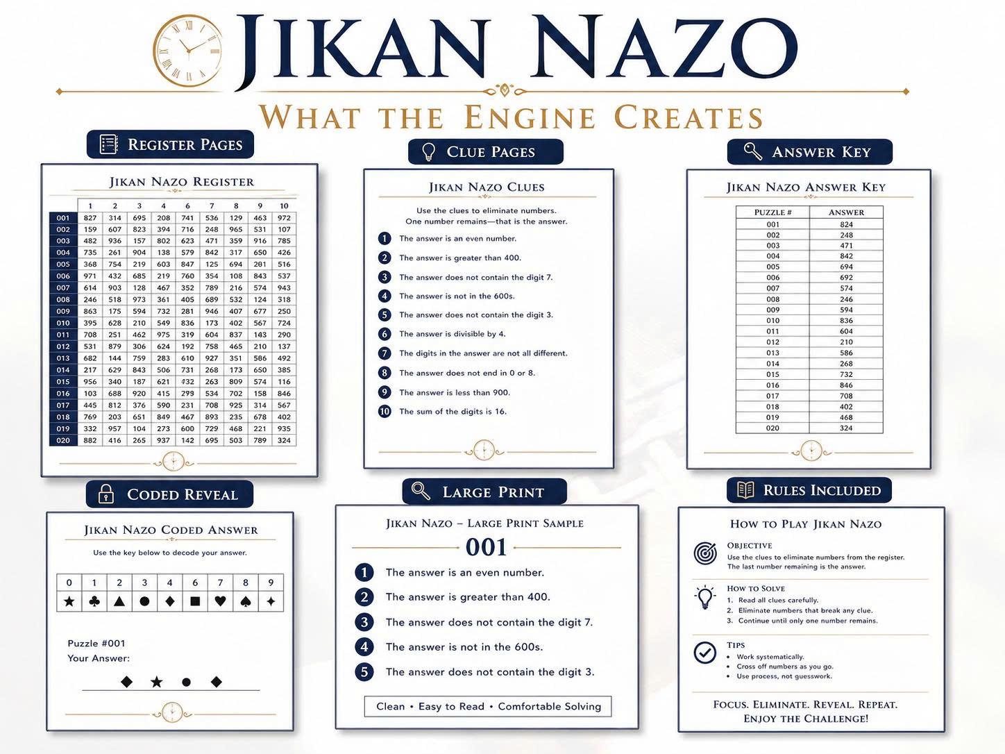 Jikan Nazo register clues answer key coded reveal large print and rules pages