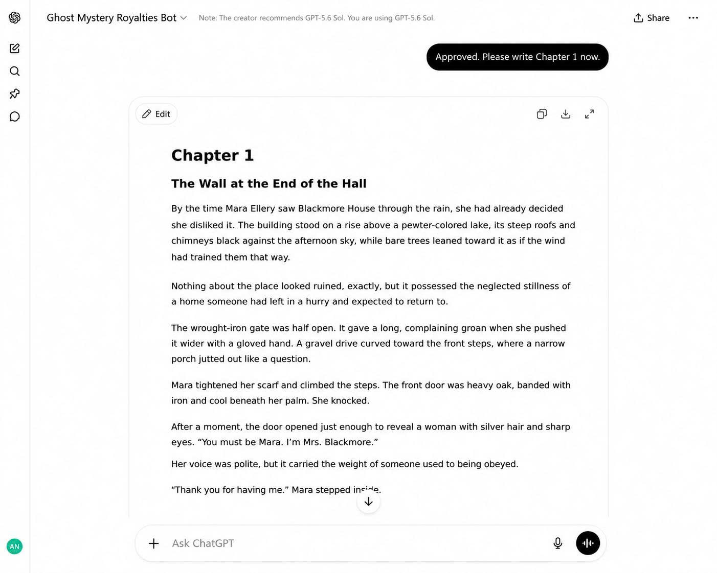 Ghost Mystery Royalties Bot writing a ghost mystery chapter
