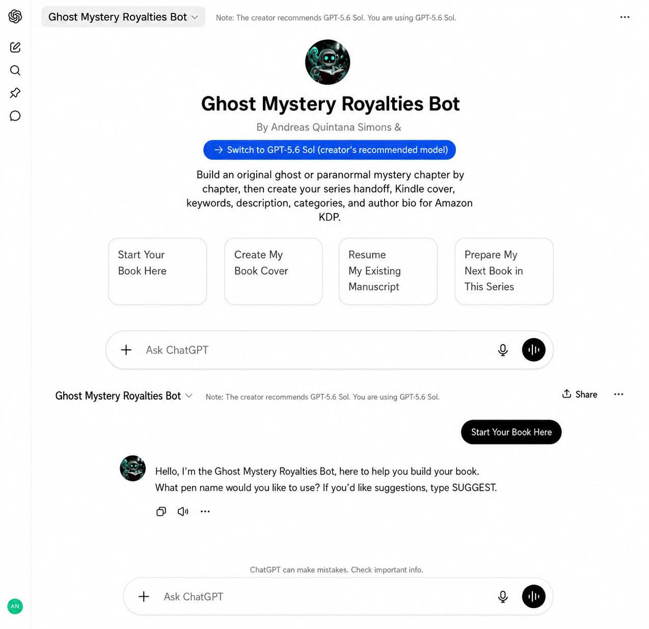 Ghost Mystery Royalties Bot guided ChatGPT interface