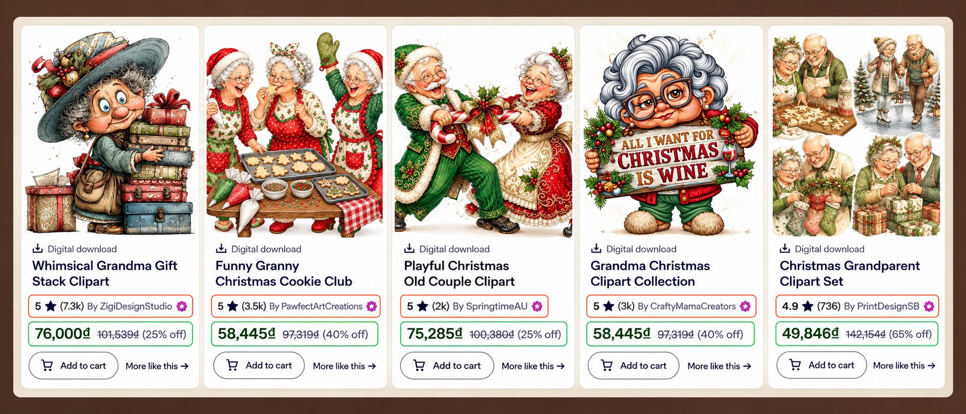 Examples of grandparent Christmas clipart listings on Etsy